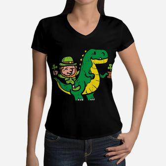 Kids Leprechaun T-Rex Dinosaur Shamrock St Patrick Day Boys Gift Women V-Neck T-Shirt | Crazezy