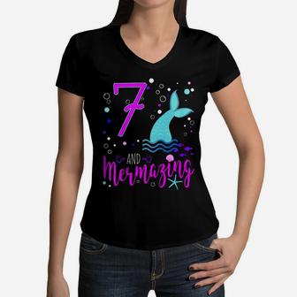 Kids Mermaid Girls 7Th Birthday Shirt 7 Years Old Party Gift Women V-Neck T-Shirt | Crazezy UK