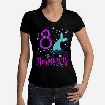 Kids Mermaid Girls 8Th Birthday Shirt 8 Years Old Party Gift Women V-Neck T-Shirt | Crazezy UK