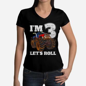 Kids Monster Truck 3Rd Birthday T Shirt Boy 3 Year Old Gift Tee Women V-Neck T-Shirt | Crazezy