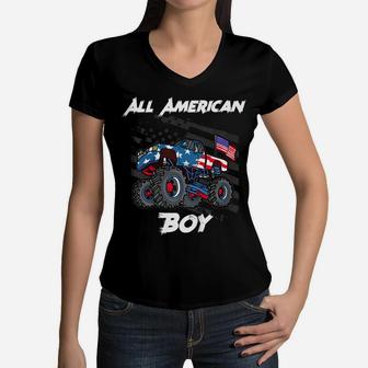 Kids Monster Truck Gift All American Usa Flag - Boys 4Th Of July Women V-Neck T-Shirt | Crazezy AU
