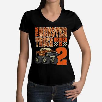 Kids Monster Trucks 2Nd Birthday Party Top 2 Years Old Women V-Neck T-Shirt | Crazezy CA