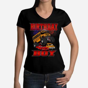 Kids Monster Trucks Birthday Boy Monster Trucks For Boys Women V-Neck T-Shirt | Crazezy CA