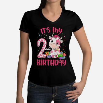 Kids Moo Im Two Its My 2Nd Birthday Shirt Girl Pink Cow Women V-Neck T-Shirt | Crazezy UK