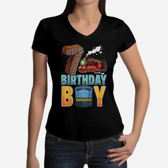 Kids Railroad 7Th Birthday Train Boys 7 Years Old B-Day Women V-Neck T-Shirt | Crazezy UK