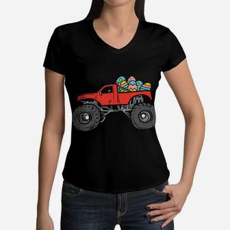 Kids Red Monster Truck Eggs Easter Egg Hunting Boys Kids Toddler Women V-Neck T-Shirt | Crazezy CA