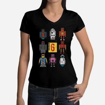 Kids Robot 6Th Birthday Shirt - Retro Robotics With Number Six Women V-Neck T-Shirt | Crazezy UK
