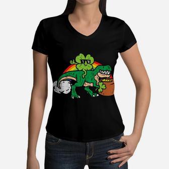 Kids Shamrock T-Rex Dino Rainbow Clover St Patrick Day Boys Gift Women V-Neck T-Shirt | Crazezy DE