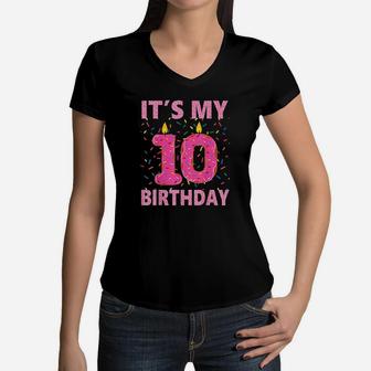 Kids Sweet Donut Its My 10Th Birthday 10 Yrs Old Gift Women V-Neck T-Shirt | Crazezy
