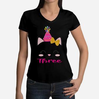 Kids Three 3 Year Old 3Rd Birthday Shirt Girl Kitty Cat Theme Women V-Neck T-Shirt | Crazezy