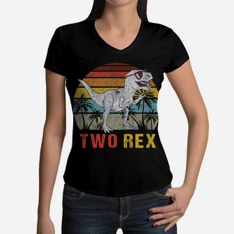 Kids Two Rex 2Nd Birthday Shirt Second Dinosaur 2 Year Old Women V-Neck T-Shirt | Crazezy UK