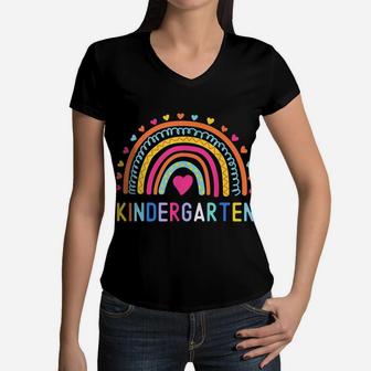 Kindergarten Rainbow Girl Boy Teacher Kid Team Kinder Squad Women V-Neck T-Shirt | Crazezy