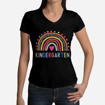 Kindergarten Rainbow Girls Kids Teacher Team Kinder Squad Women V-Neck T-Shirt | Crazezy DE