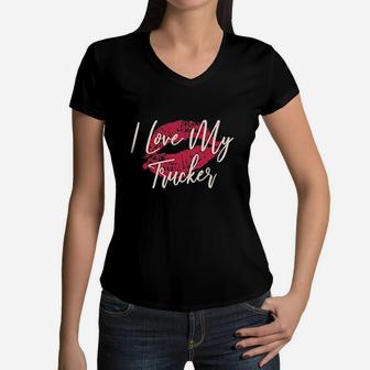 Kiss Lips I Love My Trucker Wife Girlfriend Pullover Women V-Neck T-Shirt | Crazezy
