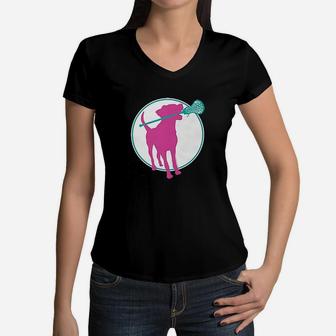Lacrosse Dog With Girl Women V-Neck T-Shirt | Crazezy