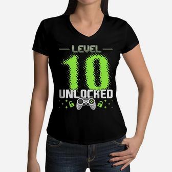Level 10 Unlocked Video Gamer 10Th Birthday Gamer Gift Boys Women V-Neck T-Shirt | Crazezy