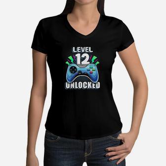 Level 12 Unlocked Video Game 12Th Birthday Gamer Gift Boys Women V-Neck T-Shirt | Crazezy