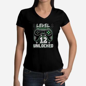 Level 12 Unlocked Video Game Birthday Gamer Gift Boy Women V-Neck T-Shirt | Crazezy DE