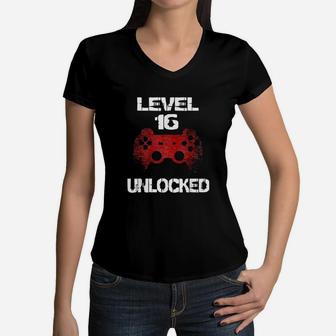 Level 16 Unlocked Boys 16Th Birthday 16 Year Old Gamer Women V-Neck T-Shirt | Crazezy