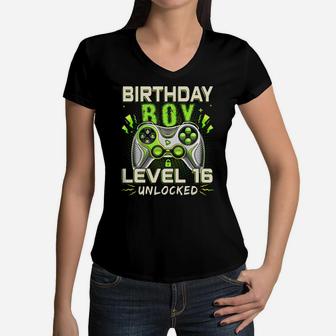 Level 16 Unlocked Video Game 16Th Birthday Gamer Boys Kids Women V-Neck T-Shirt | Crazezy