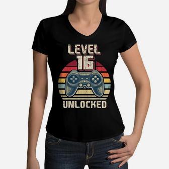 Level 16 Unlocked Video Game 16Th Birthday Gamer Boys Women V-Neck T-Shirt | Crazezy DE