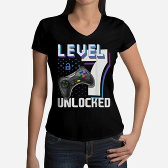 Level 7 Unlocked Video Game 7Th Birthday Gamer Gift Boys Women V-Neck T-Shirt | Crazezy