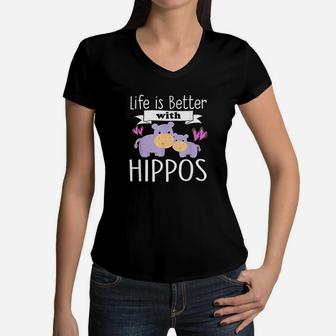 Life Is Better With Hippos Cute Girls Kids Love Women V-Neck T-Shirt | Crazezy