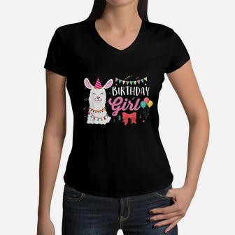 Llama Girl Birthday Party Animal Llama Women V-Neck T-Shirt | Crazezy AU