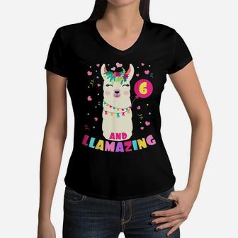Llamazing 6 Years Old Girl Birthday Cute Llama Alpaca Kids Women V-Neck T-Shirt | Crazezy