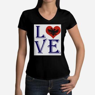 Love Heart Albania Country Flag Lovers Women V-Neck T-Shirt - Seseable