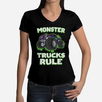 Love Monster Trucks For Boys & Birthday Party Monster Truck Women V-Neck T-Shirt | Crazezy DE