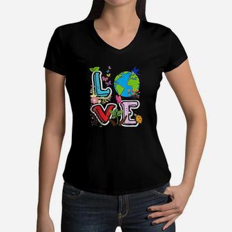 Love World Earth Day Environmental Gift Women V-Neck T-Shirt - Seseable