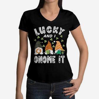 Lucky And I Gnome It St Patrick's Day 3 Gnomes Shamrock Kids Women V-Neck T-Shirt | Crazezy