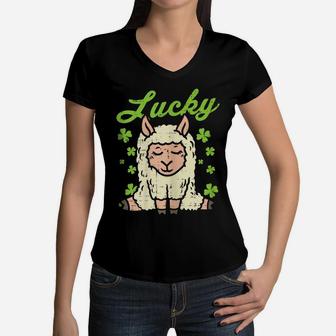 Lucky Irish Llama Shamrock St Patrick Day Animal Girls Gift Women V-Neck T-Shirt | Crazezy UK