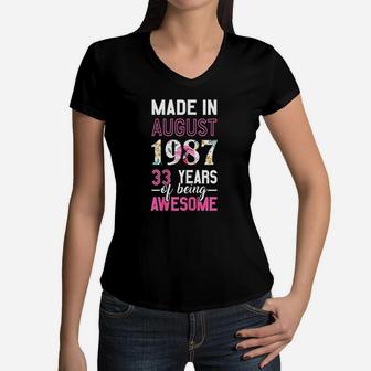 Made In August 1987 33Rd Birthday August Girl Women V-Neck T-Shirt | Crazezy DE