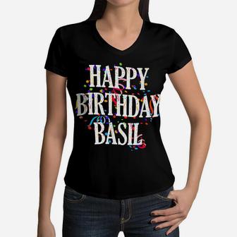 Mens Happy Birthday Basil First Name Boys Colorful Bday Women V-Neck T-Shirt | Crazezy AU