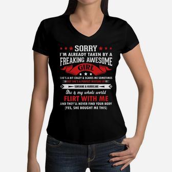 Mens Sorry I'm Already Taken By Freaking Awesome Girl Funny Women V-Neck T-Shirt | Crazezy UK