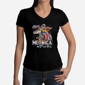 Meowica Cat T Rex Dinosaur 4Th Of July American Flag Kids Women V-Neck T-Shirt | Crazezy