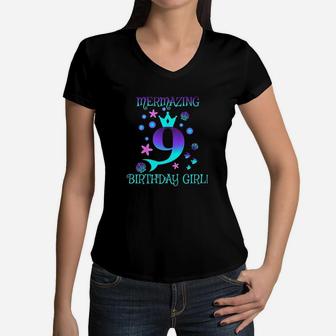 Mer Mermaid Birthday Party Mazing Girls Women V-Neck T-Shirt | Crazezy AU