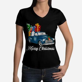Merry Christmas Blue Gnome Truck Funny Gifts Men Women Kids Women V-Neck T-Shirt | Crazezy