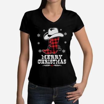 Merry Christmas Cowboy Boots Red Buffalo Plaid Western Women V-Neck T-Shirt | Crazezy CA