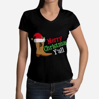 Merry Christmas Y'all Funny Texas Cowboy Holiday Gift Women V-Neck T-Shirt | Crazezy
