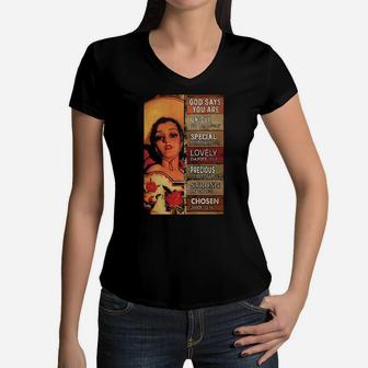 Mexican Cowgirl God Says You Are Unique Special Lovely Precious Strong Chosen Women V-Neck T-Shirt - Monsterry
