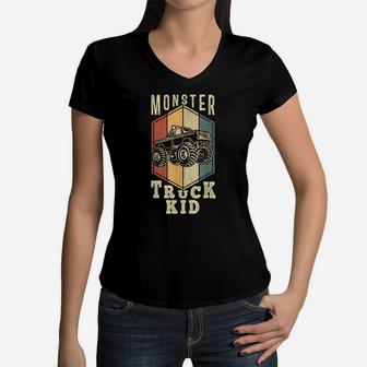 Monster Truck Kid Gifts For Boys Girls Retro Vintage Women V-Neck T-Shirt | Crazezy AU