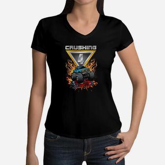 Monster Trucks Crushing 4 Boys Women V-Neck T-Shirt | Crazezy CA