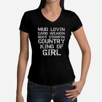Mud Lovin Camo Wearin Boot Stomping Country Kind Of Girl Women V-Neck T-Shirt | Crazezy UK