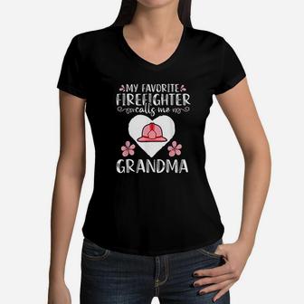 My Favorite Firefighter Calls Me Grandma Job Title Mom Gift Women V-Neck T-Shirt - Seseable
