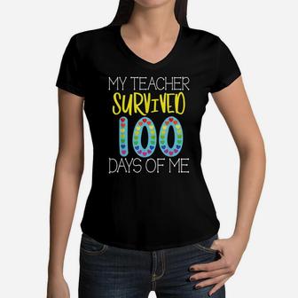 My Teacher Survived 100 Days Of Me, Boys School Shirt,100Th Women V-Neck T-Shirt | Crazezy UK