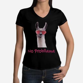 No Probllama Cute Adorable Design With Cool Llama Boy Girl Women V-Neck T-Shirt | Crazezy AU