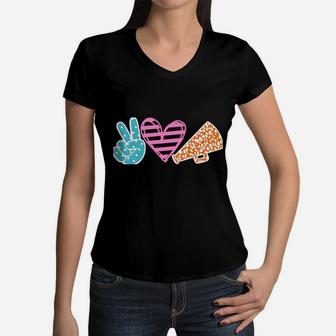 Peace Love Cheer Cheerleader Teen Girls Funny Cheerleading Sweatshirt Women V-Neck T-Shirt | Crazezy DE
